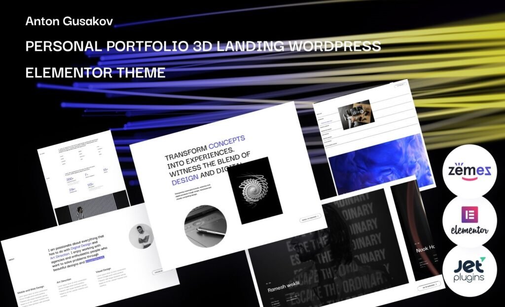 Anton Gusakov – 个人作品集 3D 登陆页 WordPress Elementor 主题