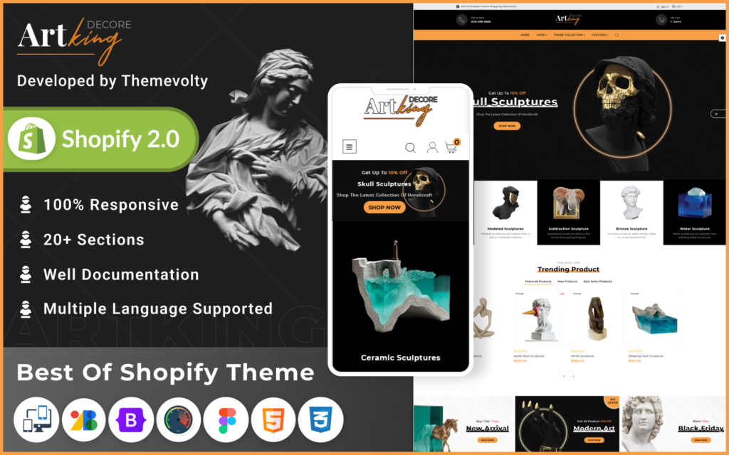 Art king Mega art–pottery crafts–gift Super Premium Responsive Shopify 2.0 Theme是一个高级响应式Shopify 2.0主题，专为艺术、陶艺和礼品等领域设计。