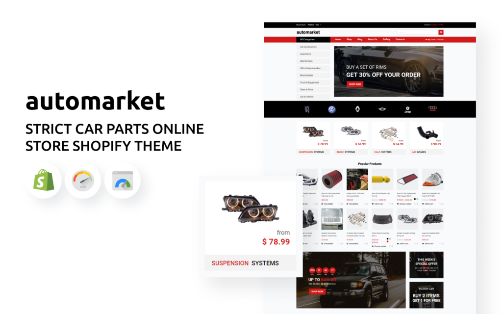 Automarket – 严格的汽车配件在线商店Shopify主题