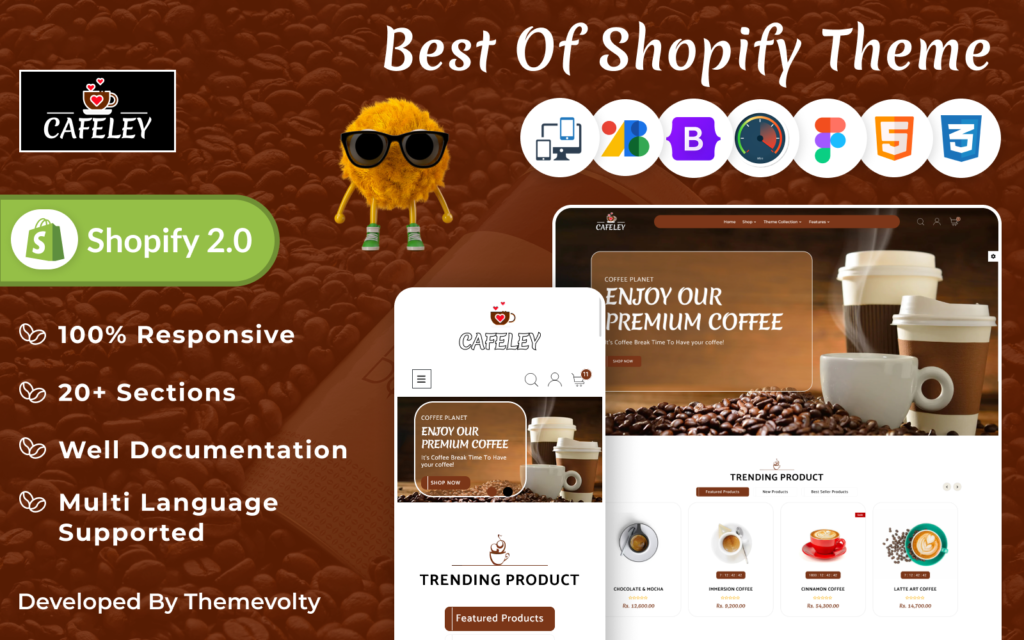 Cafeley VIP Mega Coffee-Tea Nature Shopify 2.0 Theme是一款适用于Shopify 2.0平台的主题，主题为咖啡和茶提供商店设计。