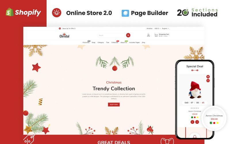 Christal Christmas Store 是 Shopify 平台的一个主题，专门设计用于圣诞节销售商品的网店。该主题可能包括圣诞节主题的设计元素和功能，以帮助用户在网店中展示和销售与圣诞节相关的产品。