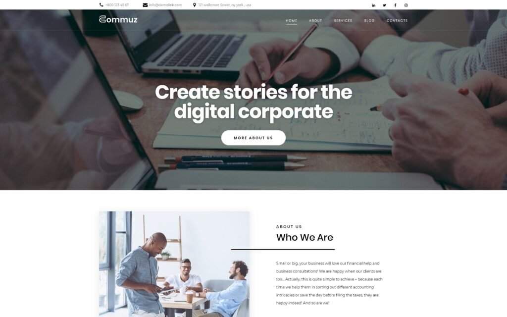 Commuz – Business Multipurpose Modern WordPress Elementor Theme 是一款现代的 WordPress 主题，适用于各种商业目的。它使用了 Elementor 页面构建器，可帮助用户轻松创建自定义页面布局和设计。