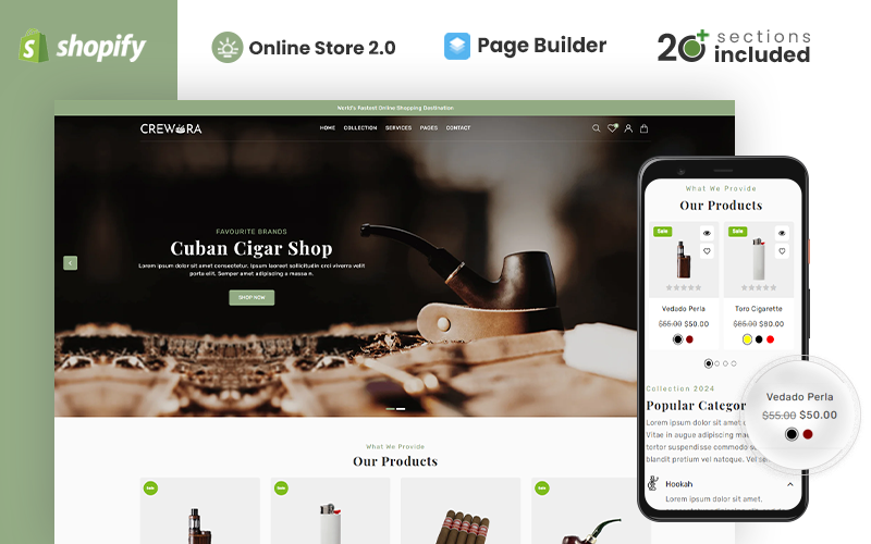 Crewora – 用于雪茄和吸烟设备的Shopify主题