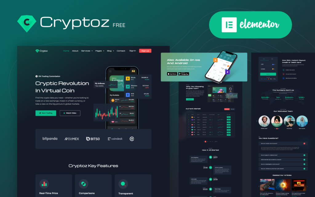 Cryptoz Free是一个免费的加密货币WordPress主题，集成了Elementor页面构建器。