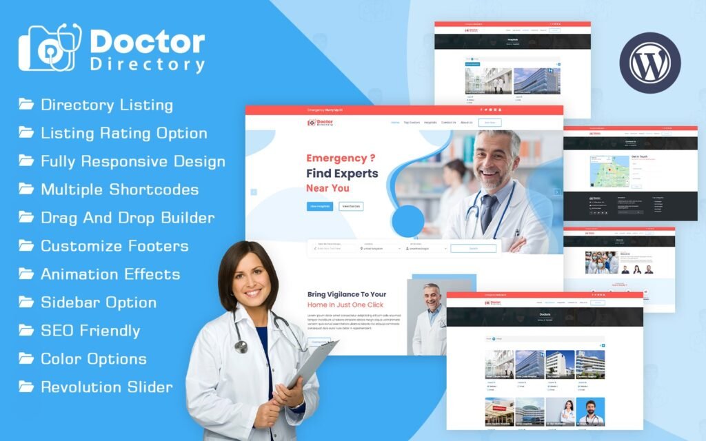 Doctor Directory WordPress Theme 是一个专门为医生目录网站设计的WordPress主题。这个主题可以让用户轻松创建一个在线医生目录，方便用户查找和预约医生的信息。通过该主题，网站管理员可以展示医生的个人资料、专业领域、诊所地址、工作时间等信息，使用户能够方便快捷地找到合适的医生。