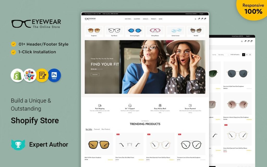眼镜 – 护目镜和太阳镜 Shopify 响应式主题