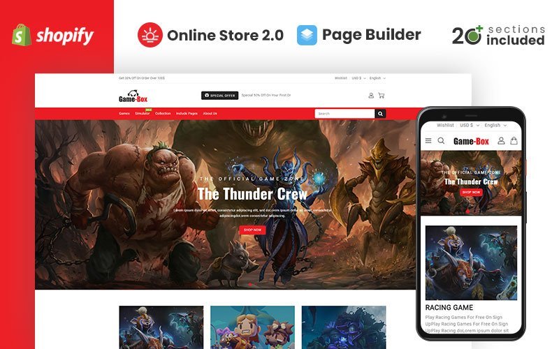 Gamebox Gaming & Accessories Store 是一个 Shopify 主题，专门为游戏和游戏配件店铺设计。该主题具有现代化和专业的外观，适用于在线销售各种游戏产品和配件。它提供了各种功能，如易于导航的菜单选项、产品展示区域、支付和结账功能等，帮助用户轻松构建自己的在线商店。