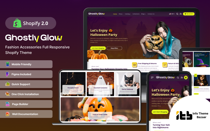 Ghostly-glow- Halloween party and Christmas festivities Shopify 2.0 theme 是一个适用于 Shopify 2.0 版本的主题，专为举办万圣节派对和圣诞节庆祝活动而设计。