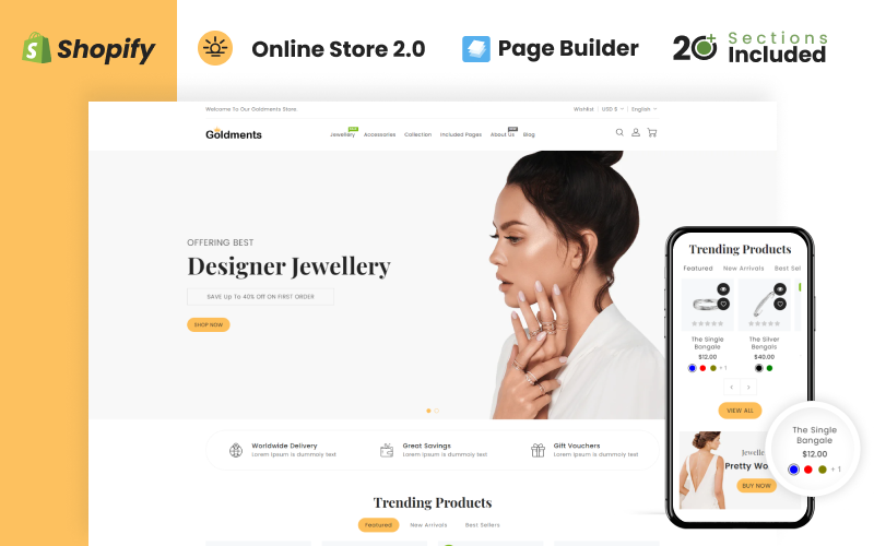 Goldments Jewellery Store Shopify Theme OS 2.0 是一款用于 Shopify 的主题。该主题专为珠宝店铺设计，具有现代化的外观和响应式设计，适用于各种设备。Goldments Jewellery Store Shopify Theme OS 2.0 提供了许多定制选项和功能，帮助珠宝店主打造出专业而吸引人的在线商店。