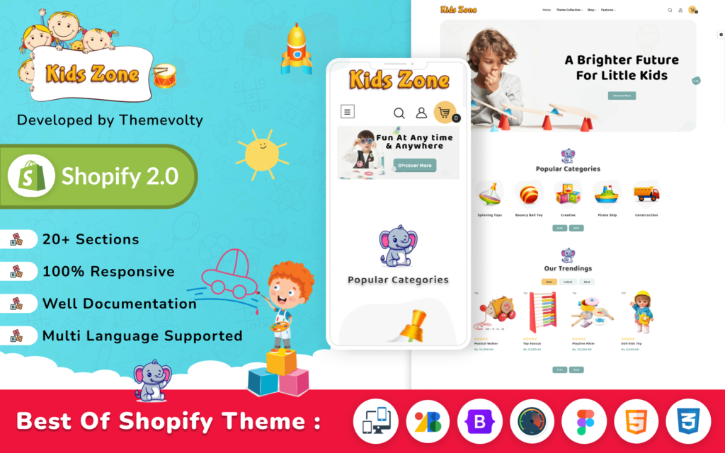 Kids Zone – Mega Toys and Fashion Shopify 2.0 是一个高级响应式主题，适用于 Shopify 平台，专为儿童玩具和时尚产品设计。