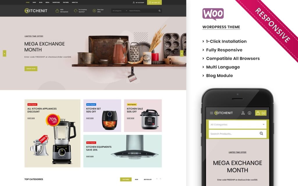 Kitchenit – The Mega Kitchen Store Premium WooCommerce Theme 是一个高级的 WooCommerce 主题，专为大型厨房用品商店提供。