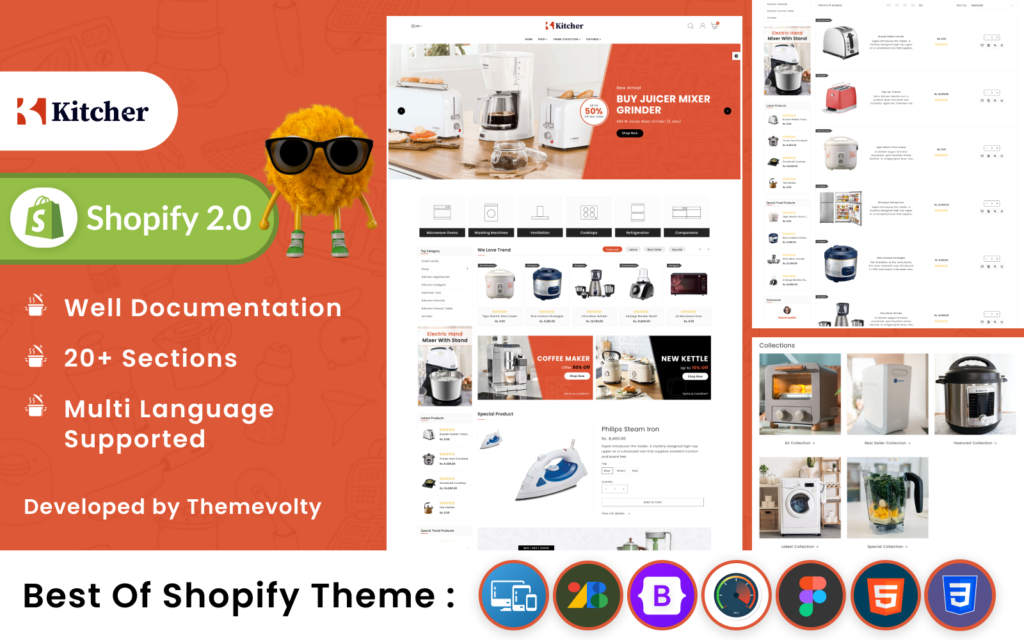 Kitcher – Mega Kitchen Super Store Shopify 2.0 Premium Theme 是一款 Shopify 2.0 版本的高级主题，专为大型厨房超市店铺设计。