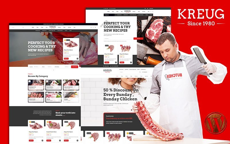 Kreug Meat And Poultry Store WooCommerce Theme 是一个适用于 WooCommerce 的主题，专为肉类和禽肉店设计。