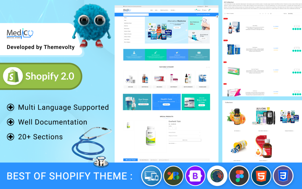 Medico Mega Medicine–Drug Pharmacy Shopify 2.0是一款高级响应式主题，适用于药品药房的Shopify网店。