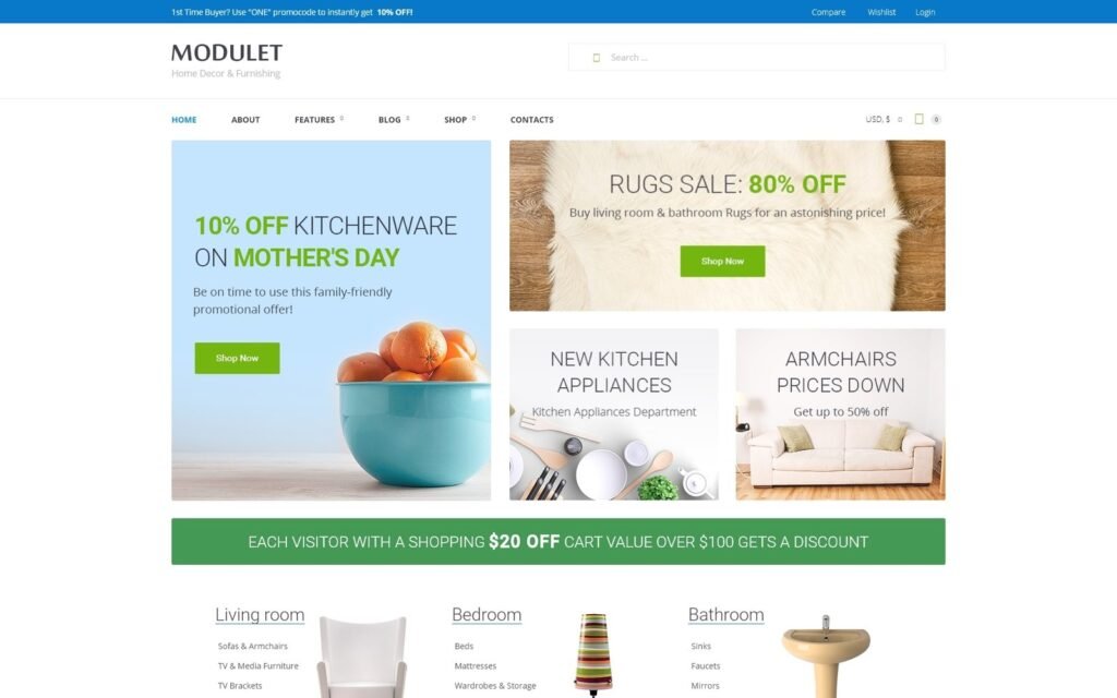 Modulet 家居装饰和家具模板 WooCommerce 主题