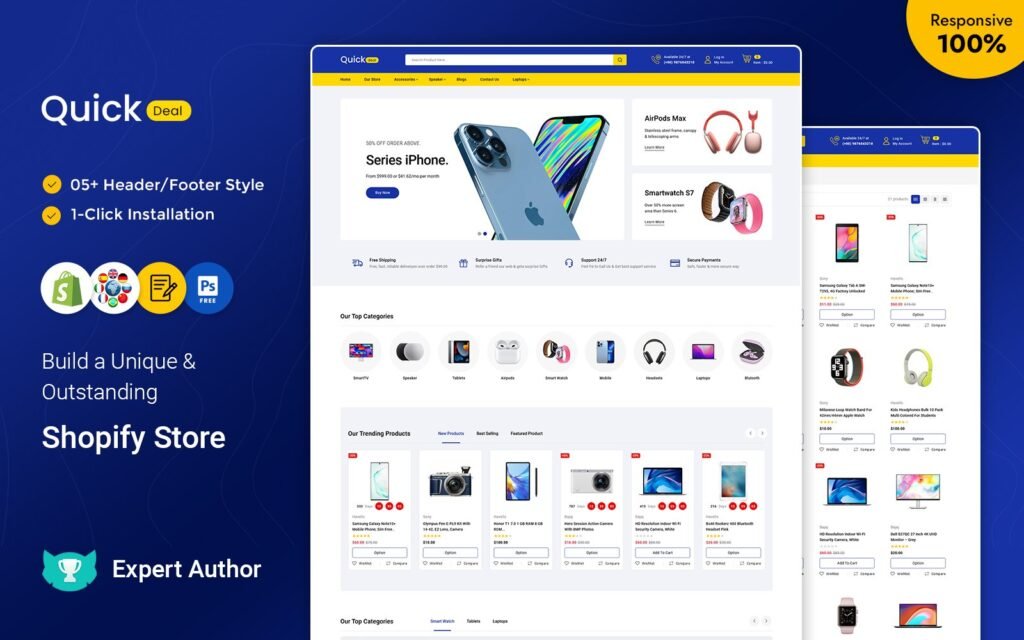 Quickdeal是一款多用途的Shopify响应式主题，专门设计用于电子产品、小工具和计算机产品。