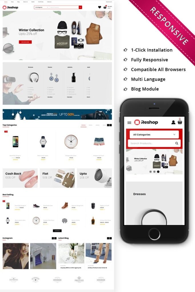 Reshop – Mega Shop Responsive WooCommerce Theme 是一种适用于WordPress网站的响应式主题，专为大型在线商城设计的。