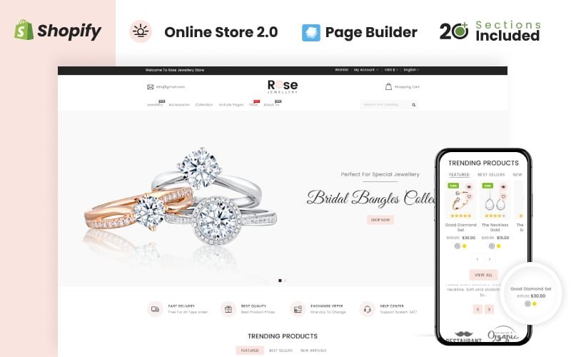Rose Jewellery Shopify主题是一款适用于珠宝店的Shopify网店主题。这款主题专为销售珠宝和首饰产品设计，具有精美的设计和界面，能够提升您的产品展示效果，吸引更多顾客。主题通常包含各种功能模块和定制选项，以便您根据自己的品牌和需求进行个性化定制，并为消费者提供更好的购物体验。
