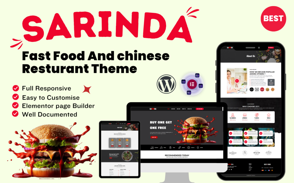 Sarinda 快餐店和中餐馆完全响应式的WordPress主题