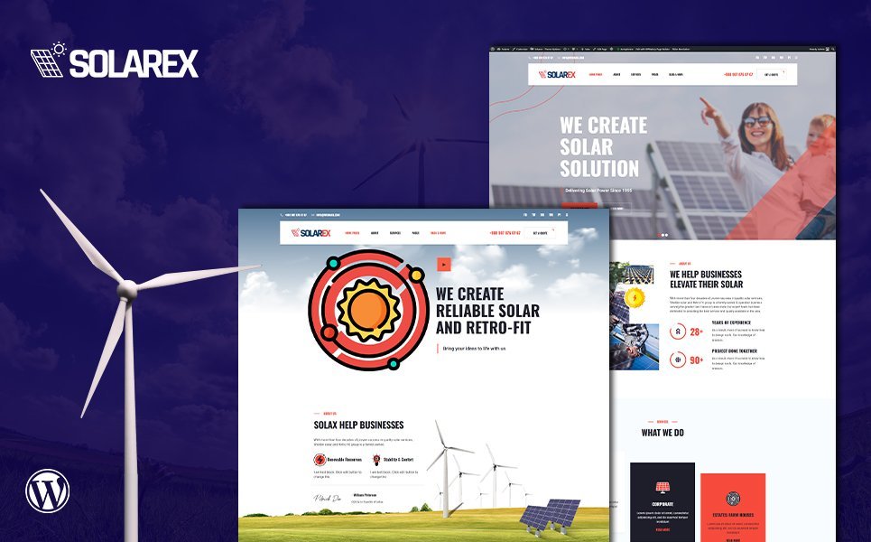 Solarex Renewable Solar Energy是一个WordPress主题，专门用于展示和推广可再生太阳能产品和服务。