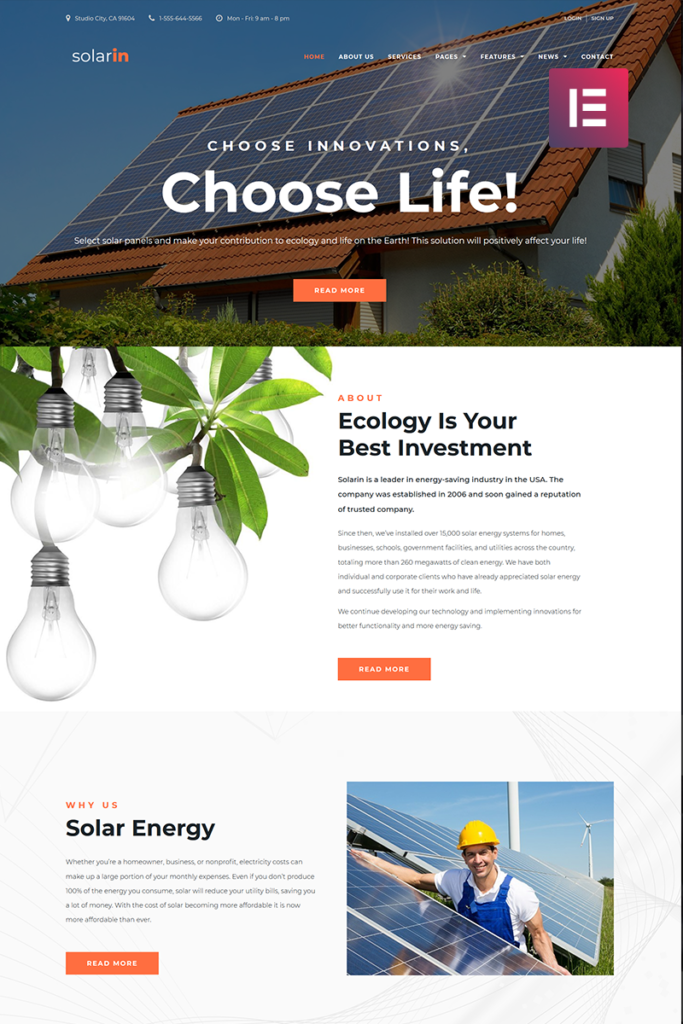Solarin是一款为太阳能公司设计的WordPress Elementor主题。