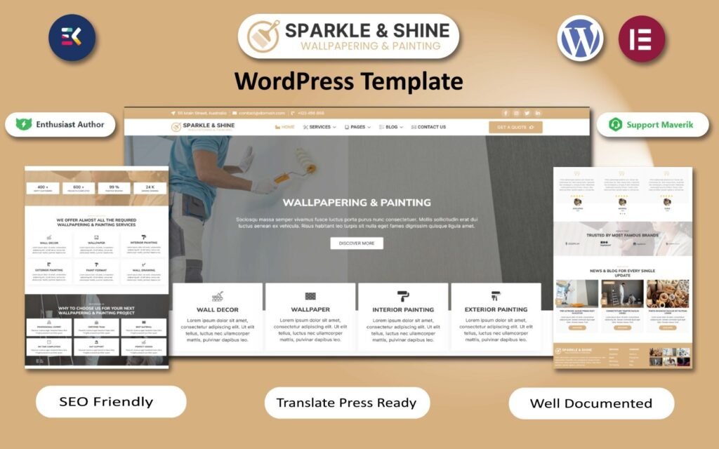 Sparkle & Shine – Wallpapering & Painting WordPress Template是一个用于壁纸和油漆业务的WordPress模板，旨在展示这些服务的专业性和创新。