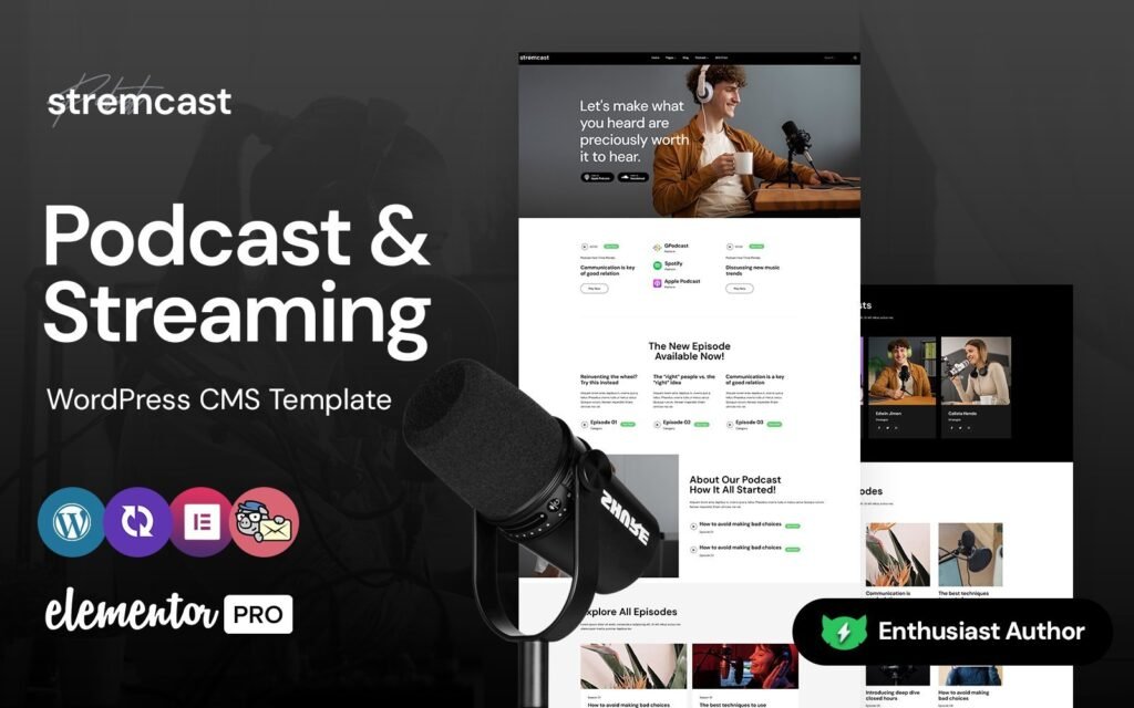 Stremcast – Podcast, FM Radio 与流媒体多用途 WordPress Elementor 主题