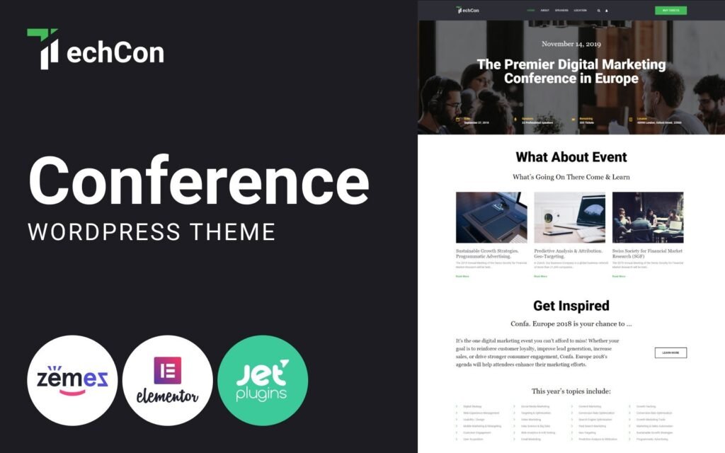 TechCon – 一页动画的WordPress Elementor主题

TechCon是一个专为会议设计的一体式WordPress主题，它基于Elementor构建，具有动画效果和响应式设计。这个主题适用于各种技术会议、研讨会和活动网站，展示日程安排、讲师信息、赞助商、票务信息等内容。TechCon主题的易用性和高度定制性使您能够快速创建一个专业演示的网站，吸引更多的参与者和赞助商。