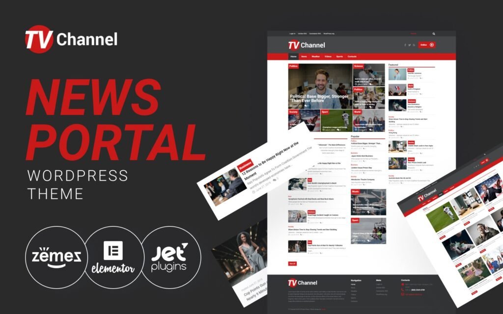 TVChannel – News Portal是一款现代化的WordPress Elementor主题，旨在打造一个新闻门户网站。
