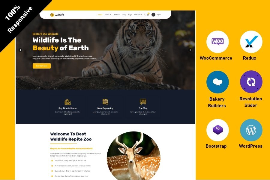 Wildlife WooCommerce WordPress Theme 是一种针对野生动物保护主题的WordPress主题，它集成了WooCommerce插件，使您可以在网站上销售与野生动植物保护相关的产品。该主题通常具有自定义的设计和布局选项，以便展示您的内容和产品。如果您对保护野生动植物的事业感兴趣，并希望在网上展示和出售相关产品，那么这个主题可能非常适合您。