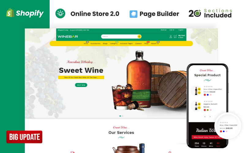 Winebar Alchohol & Drinks Store Shopify Theme 是一款专为酒吧、酒精和饮料店设计的Shopify主题。