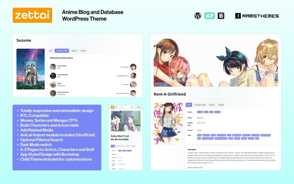 ZETTAI – Anime Blog and Database是一个WordPress主题，专为动漫博客和数据库设计，支持RTL（从右到左的文字方向）。